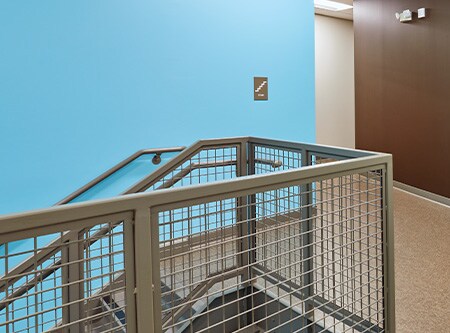 Flur und Treppenhaus mit einfarbig blauen und braunen mit Grafikfolie verkleideten Wänden
