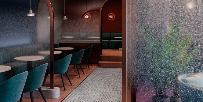Edles Restaurant, Interieur in Juwelentönen, Glastrennwände mit 3M Glasdesignfolien.
