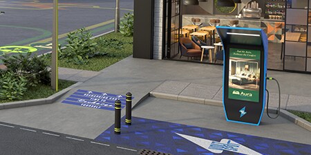 Ladestation für Elektrofahrzeuge mit erhöhter Sicherheit durch Bodensicherheitsmarkierungen.
